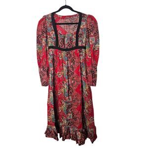 Vintage 70s M Red Floral Boho Peasant Dress Handmade Hippie Cottage Tie Back